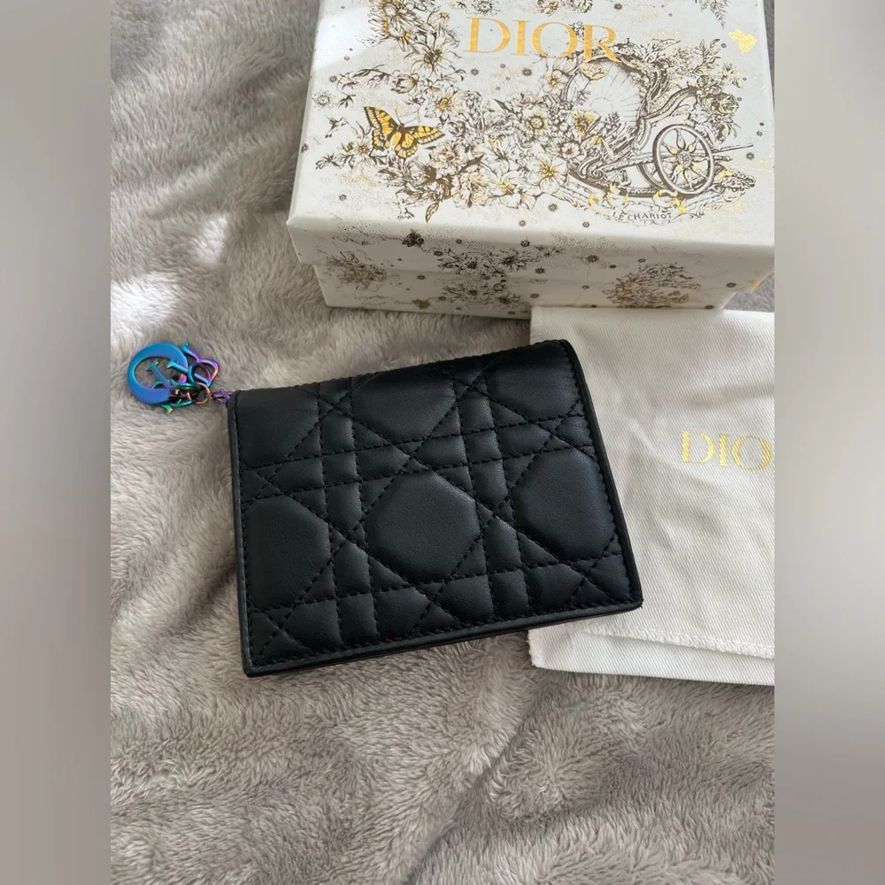 DIOR Lambskin Cannage Mini Lady Dior Wallet w/ RARE Iridescent Metallic Charms